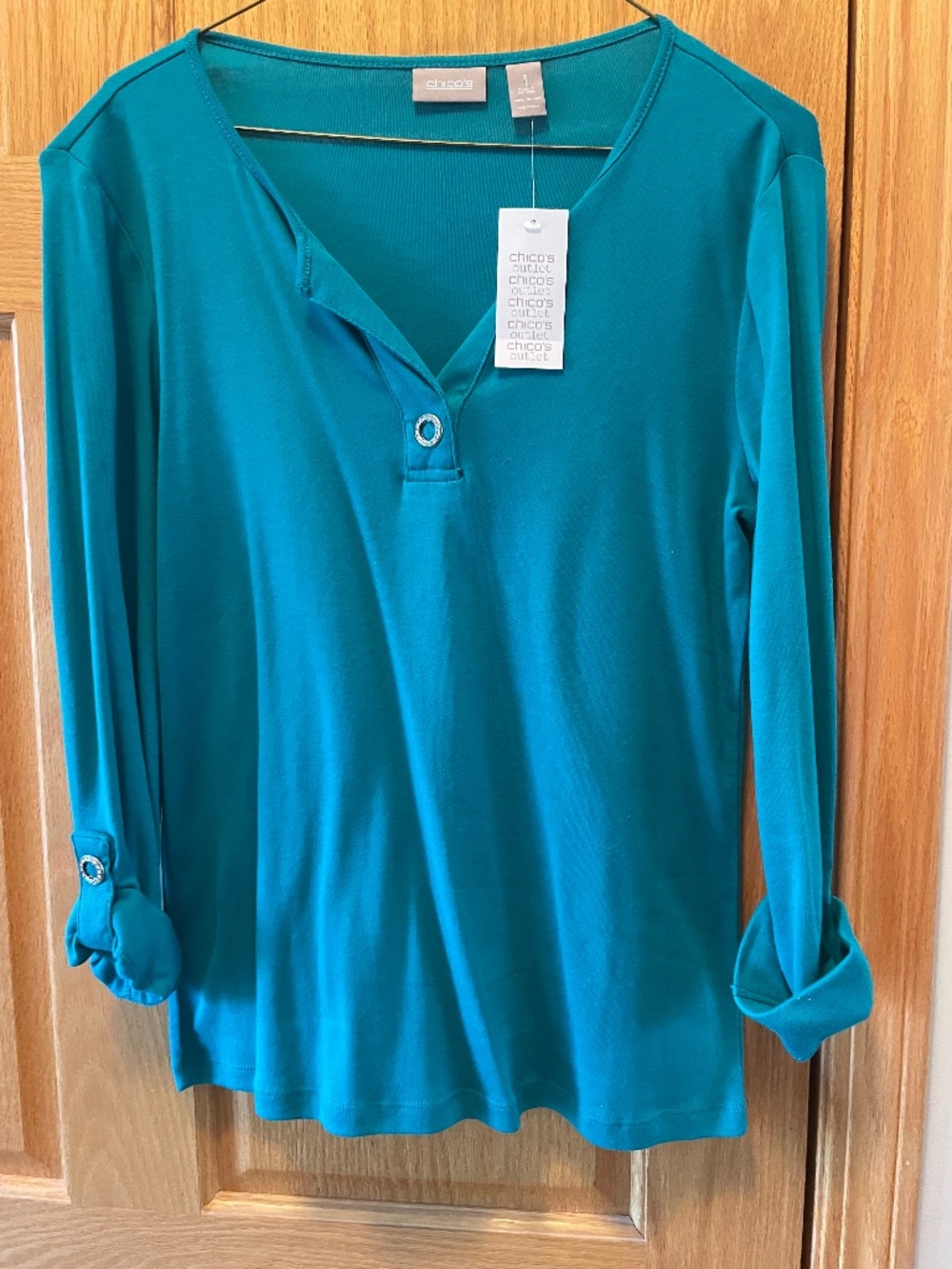 CHICOS 3/4 SLEEVE TEAL TOP - SZ 1 - NWT - Retail $69CHICOS 3/4 SLEEVE TEAL TOP -